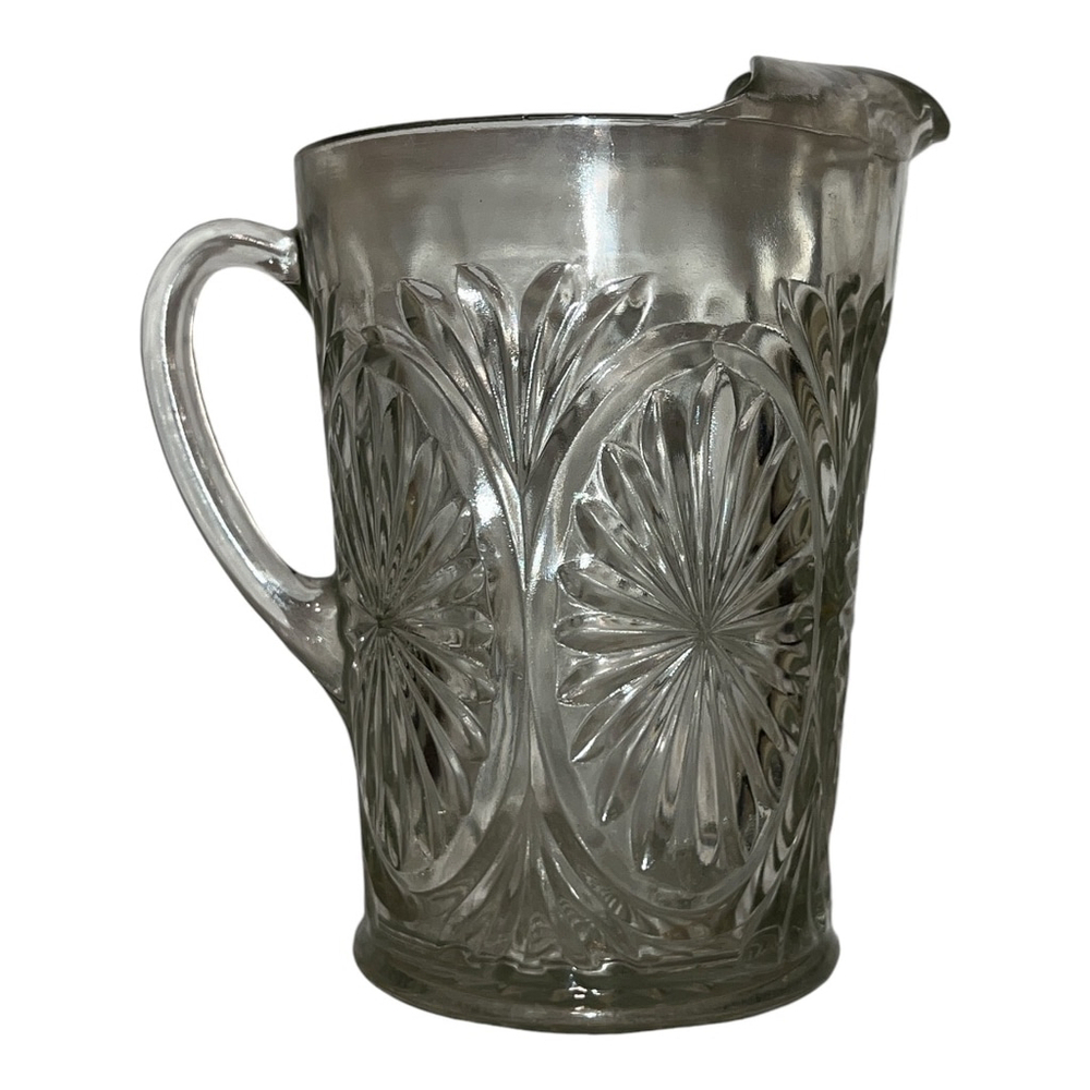 Antique Pressed Glass Pitcher, 64 oz, Oval Rosette Design, Ice Lip